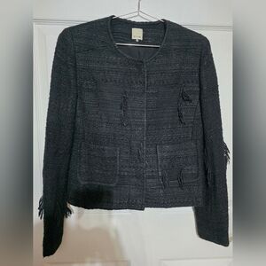 ecru Black Fringe Tweed Open-Front Blazer